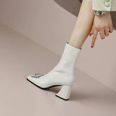 Fia Square Toe White Block Heel Boots